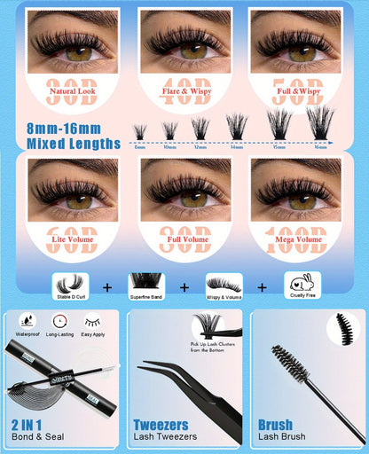 Complete 720-Piece Handmade Cluster Lash Kit with Glue & Tweezers — 30D to 100D, 6 Styles & Lengths, Lightweight No-Irritation Formula for Natural & Volume DIY Eyelash Extensions