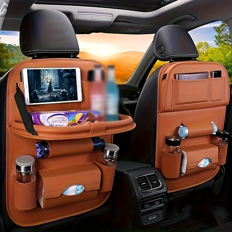 2pcs Premium All-in-One Car Back Seat Organizer with Foldable Table, Kick Mats, Tissue Box Holder, Cup & Umbrella Holders, Laptop Station & Car Eating Tray - Durable Travel Companion for Family Road Trips, Vehicle Organization, Integrated Storage Design,