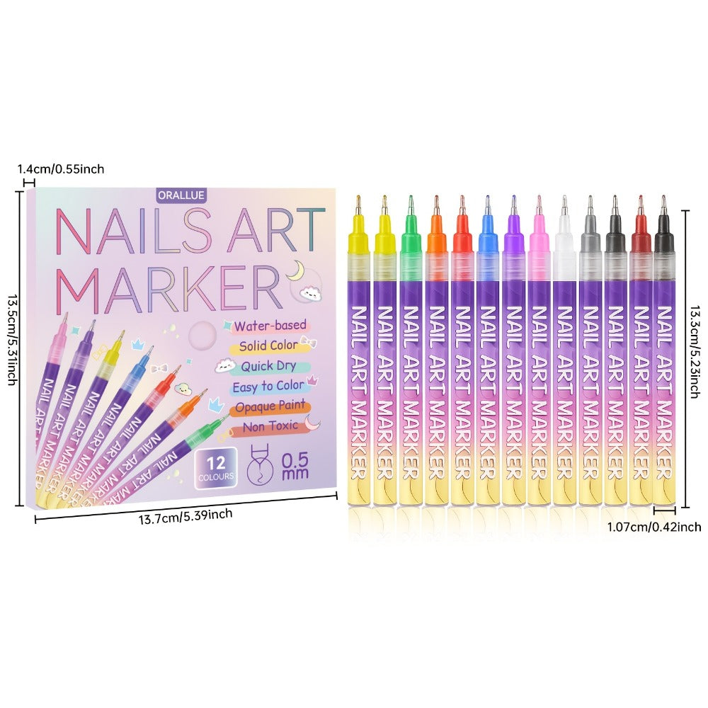 Nail Art Pens Set 12Pcs 0.5mm Ultra-Fine Tip Round Head Brush for DIY Nail Designs - Detailed Line Drawing & Nail Decoration Tools for Beginners and Professionals