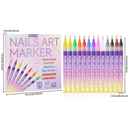 Nail Art Pens Set 12Pcs 0.5mm Ultra-Fine Tip Round Head Brush for DIY Nail Designs - Detailed Line Drawing & Nail Decoration Tools for Beginners and Professionals