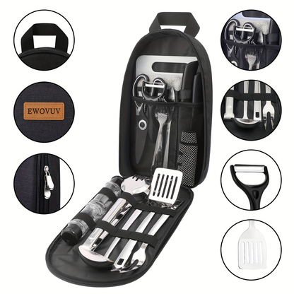 Portable Camp Kitchen Cooking Utensil Set with Water-Resistant Travel Organizer Case – Compact Grill Accessories Kit for Backpacking, BBQ, Camping & Hiking | Black