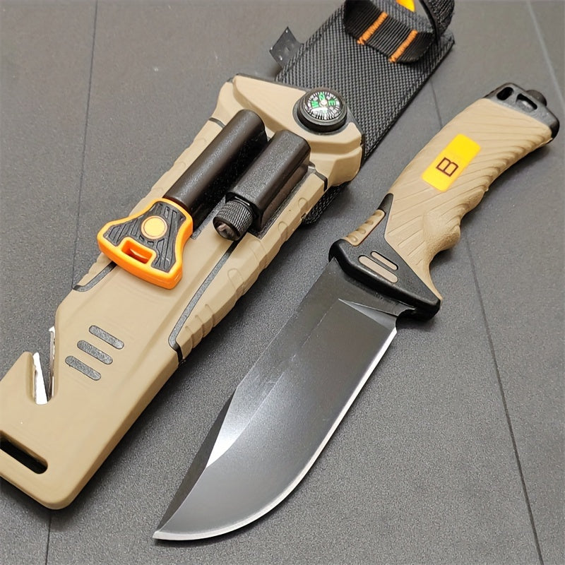 Fixed Blade Outdoor Camping Knife 9.64 Inch Stainless Steel, Survival Hunting Knife with Flint Fire Starter Night Light Sharpener Safety Sheath, Non-Slip Ambidextrous Handle for Hiking Mountaineering Adventure