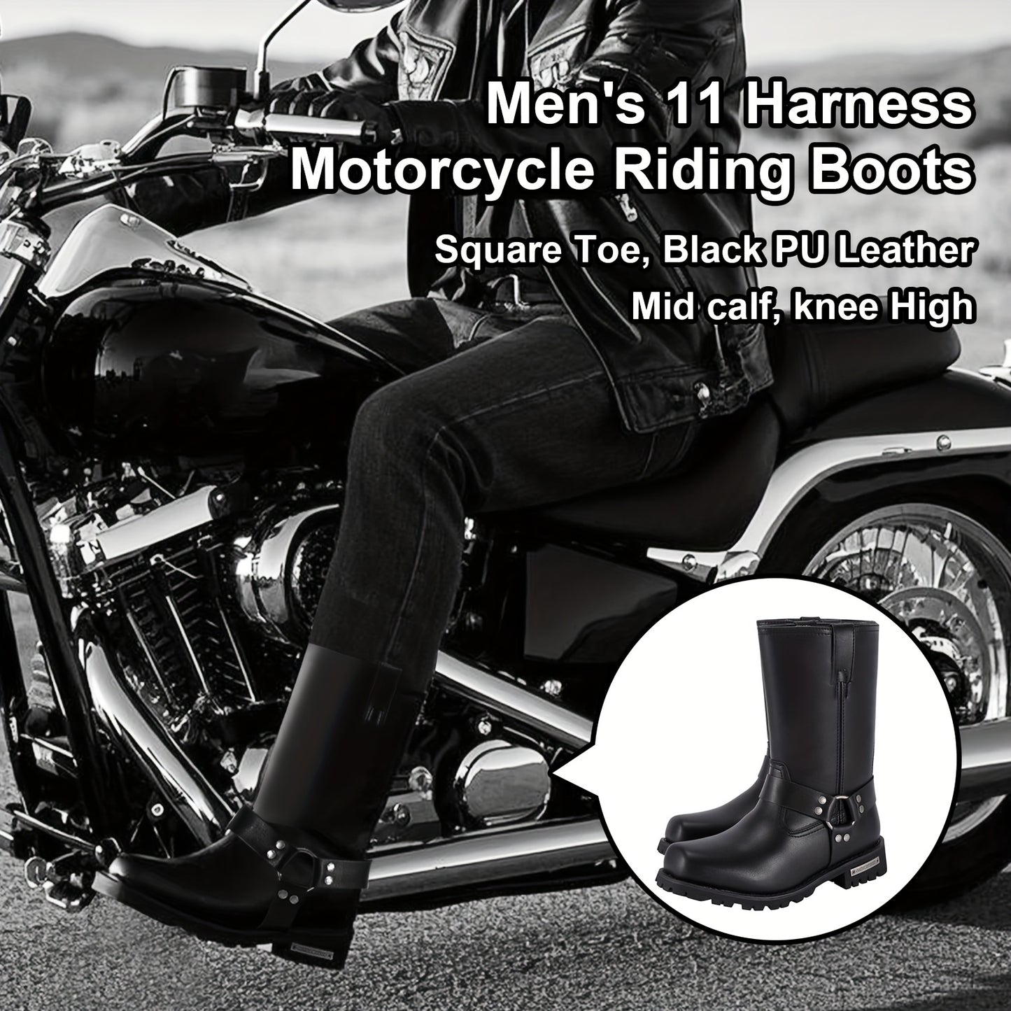 [Men'S Motorcycle Boots] Men's 11in Harness Motorcycle Boots, DREAM APPAREL, PU Leather, Non-Slip, Square Toe, Abrasion Resistant, Mid-Calf Biker Boots For All-Season Riding Shoes