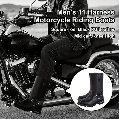 [Men'S Motorcycle Boots] Men's 11in Harness Motorcycle Boots, DREAM APPAREL, PU Leather, Non-Slip, Square Toe, Abrasion Resistant, Mid-Calf Biker Boots For All-Season Riding Shoes