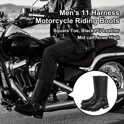 [Men'S Motorcycle Boots] Men's 11in Harness Motorcycle Boots, DREAM APPAREL, PU Leather, Non-Slip, Square Toe, Abrasion Resistant, Mid-Calf Biker Boots For All-Season Riding Shoes