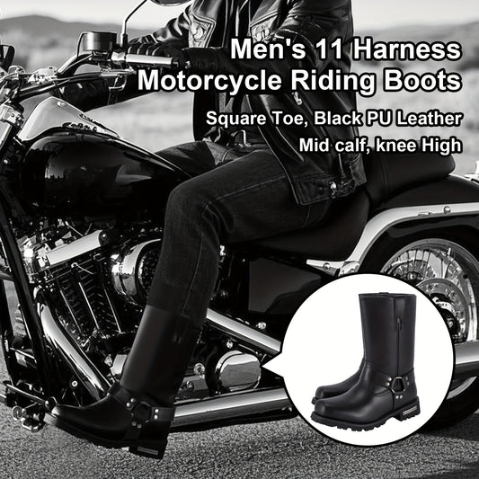 [Men'S Motorcycle Boots] Men's 11in Harness Motorcycle Boots, DREAM APPAREL, PU Leather, Non-Slip, Square Toe, Abrasion Resistant, Mid-Calf Biker Boots For All-Season Riding Shoes