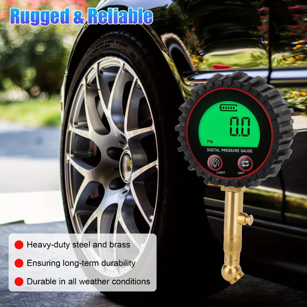 Digital Tire Pressure Gauge LCD 3-255 PSI – 4-Unit Display (PSI/Bar/KPa/kg㎡), Green Backlight, 360° Chuck, Auto Shut-Off for Cars, Trucks, SUVs, Motorcycles & RVs, Black