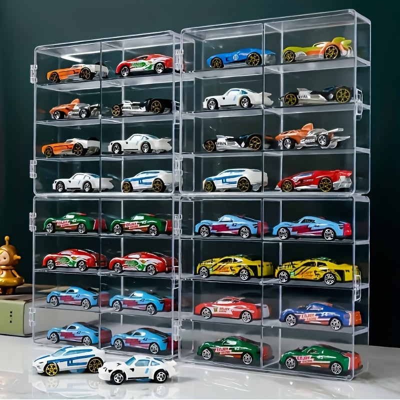 Hot Wheels Display Case 1:64 Scale Acrylic 2-Pack – Multi-Compartment Diecast Car Showcase Cabinet, Transparent Dust-Proof Storage with Safety Cover, Car Collector Gift for Boys & Adults