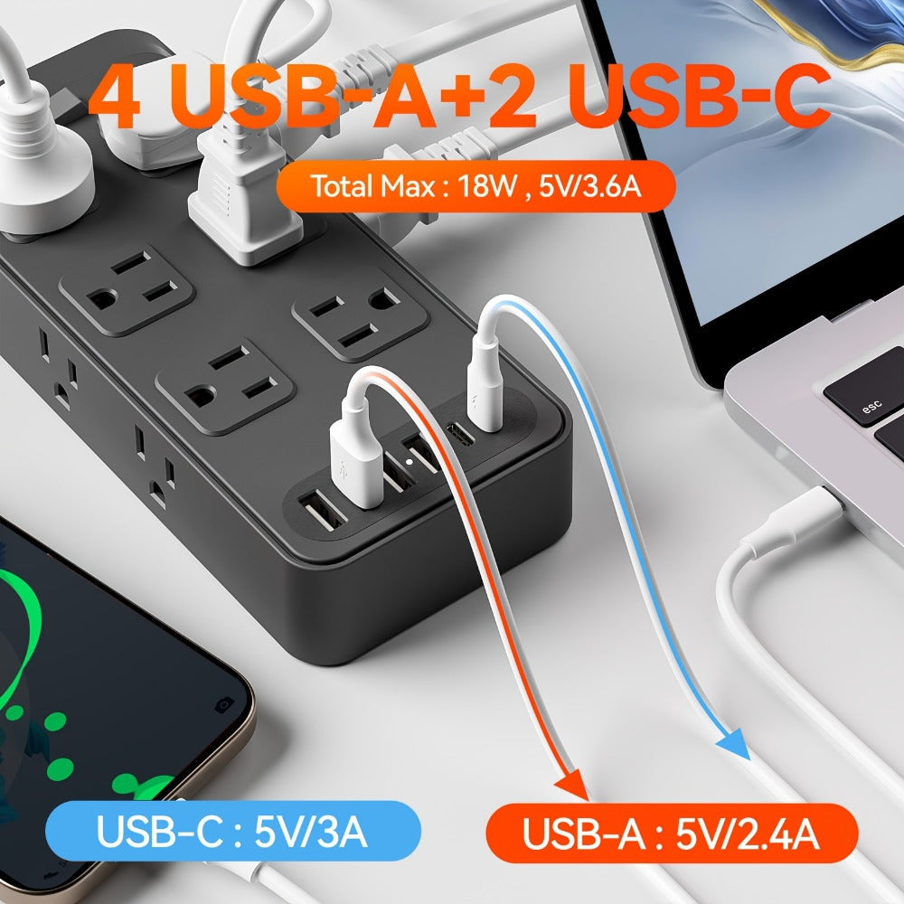 USB Extension Cord Power Strip 18-in-1 with 12 AC Outlets 6 USB Ports Surge Protector Overload Protection Switch 5FT 10FT for Home Kitchen Office Travel Accessories Black White