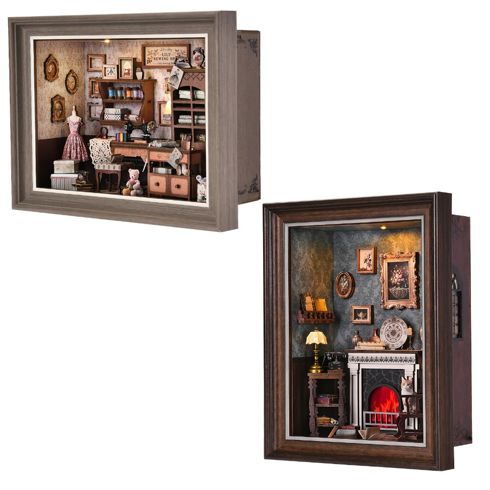 Book Nook Insert Kit DIY 3D Wooden Sewing House Miniature Model Building Set – Bookshelf Decor Craft for Adults Teens, Birthday Christmas Housewarming Gift, Choose Seam House Fireplace or Dwarf Style