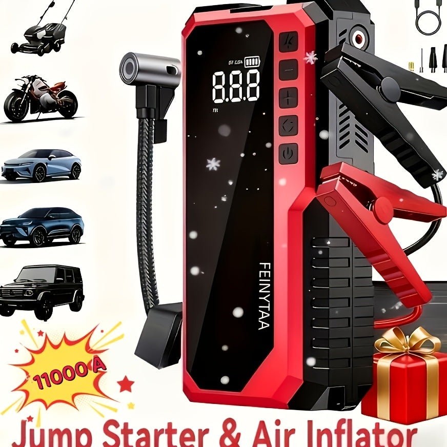 6000A/11000A Peak Jump Starter with Digital Tire Inflator Air Compressor, Multi-Function Car Jump Box Equipped with Smart Anti-Burn Battery Clips & LED Flashlight, Portable Emergency Power Bank for Car, RV, Motorcycle Vehicle Roadside Tools, Giftable