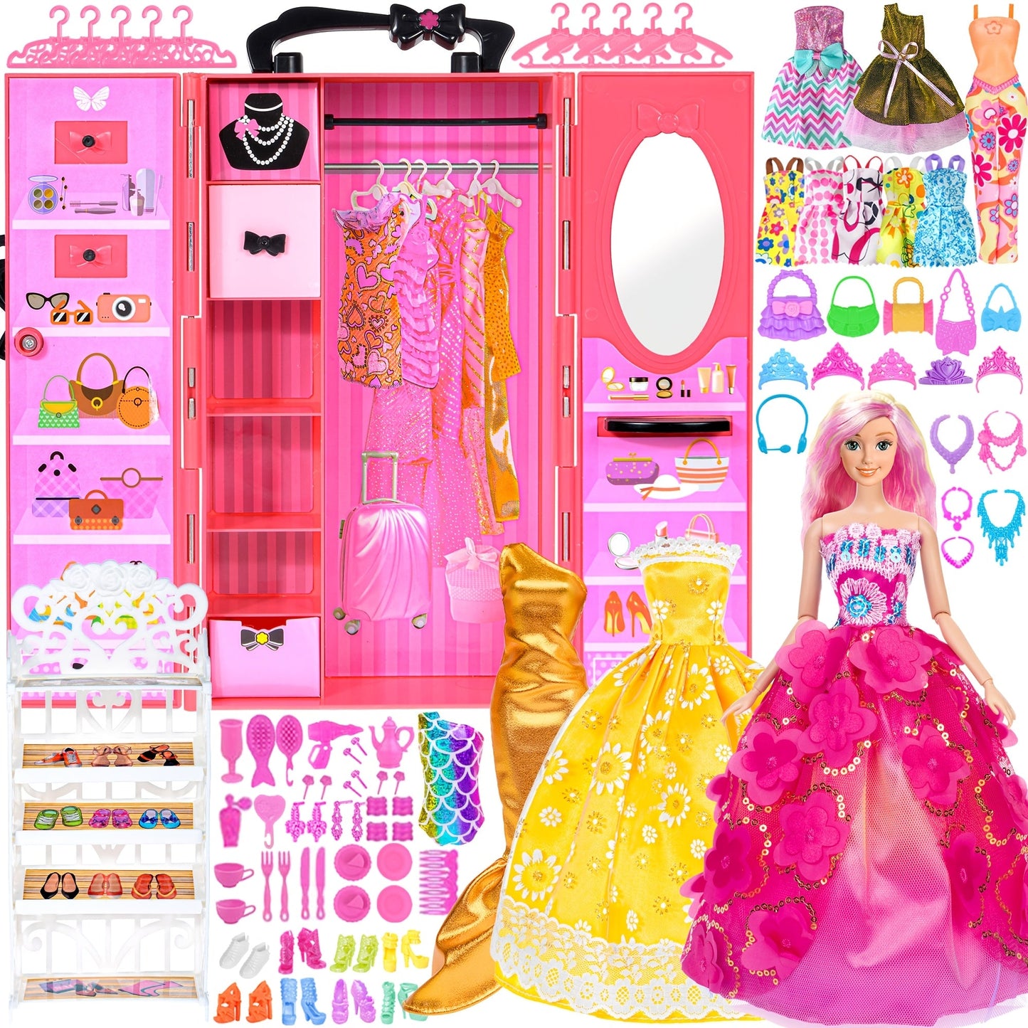 Doll Closet Playset 105 Piece Rose Wardrobe for 11.5 Inch Dolls – Wedding Gowns Fishtail Dress Swimsuit Shoes Handbags Crowns & Necklaces, Barbie-Size Fashion Gift for Girls Ages 6-12 No Doll