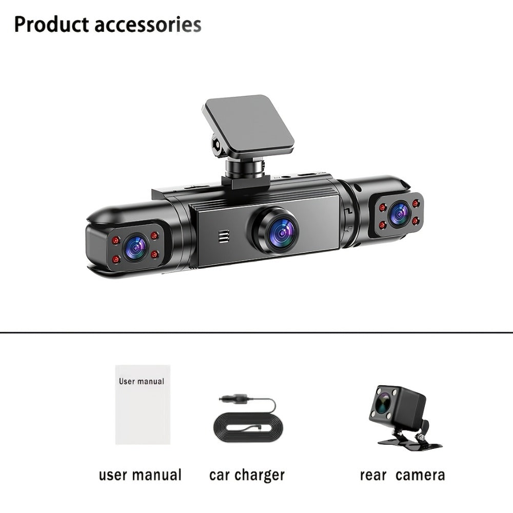360° 4-Channel Dash Cam 1080P Front + 720P Rear Left Right Full Coverage, WDR Night Vision, G-Sensor, Loop Recording – Optional 64GB TF Card, Car Safety Driving Recorder