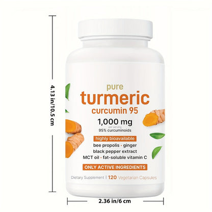 Turmeric Curcumin 1000mg 120 Capsules Triple Action Supplement with Ginger, Black Pepper & Bee Propolis for Heart, Brain & Joint Support, Natural Anti-Inflammatory for Men & Women