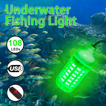 108 LED Underwater Fishing Light – IP68 Waterproof Night Fishing Lure Light with USB Connector & 16.4ft Cable, Super Bright Submersible Fish Attracting Light for Boat, Ice Fishing & Night Fishing (Green/White)