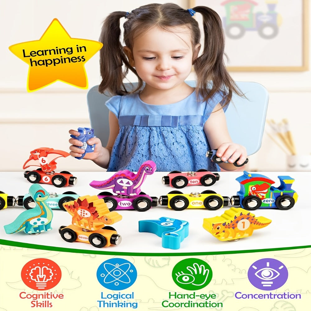 Magnetic Dinosaur Number Train Set for Kids Ages 3-5 – 11PCS Wooden Magnetic Train Toy with Engine & Numbered Cars, STEM Educational Learning Toy, Birthday Christmas Gift for Toddler Boys