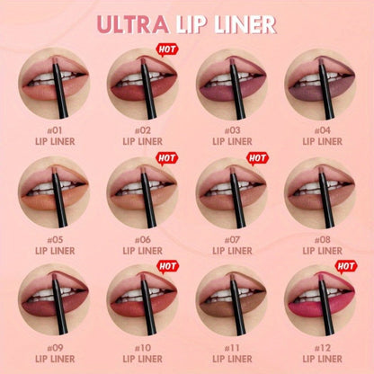 Waterproof Lip Liner Pencil Set 12 Pieces Long Lasting Multi-Functional Lip Eye & Brow Liner — Colorful Cosmetic Makeup Pens for All Skin Tones Precise Definition