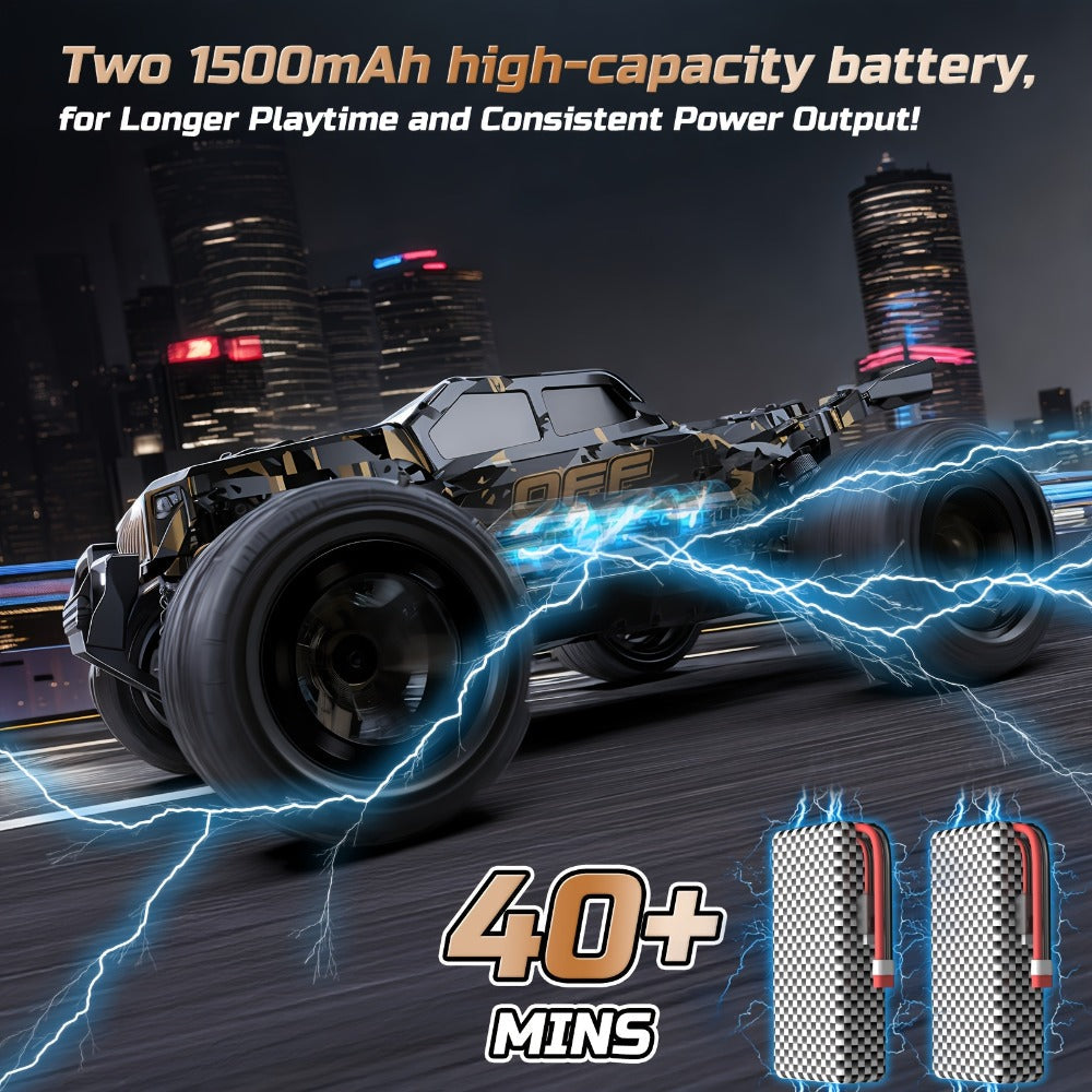 DEERC All-Metal 42KM/H RC Truck 1/16 Scale 4WD Off-Road Monster Truck Dual 1500mAh Batteries 40-Min Runtime LED Headlights Wheelie Bar – High Speed Remote Control Car for Adults Hobbyists Black