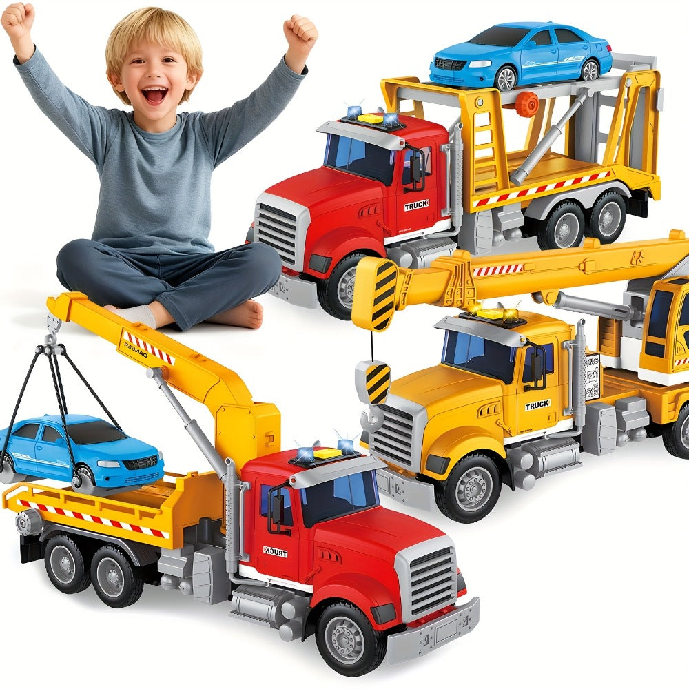 13-Inch Tow Truck Toy with Lights & Sounds – Friction Powered Transport Crane Truck for Boys Ages 3 4 5 6, Movable Arm & Towing Ramp, Birthday Christmas Gift