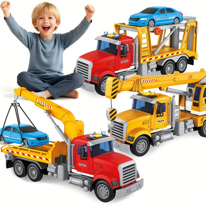 13-Inch Tow Truck Toy with Lights & Sounds – Friction Powered Transport Crane Truck for Boys Ages 3 4 5 6, Movable Arm & Towing Ramp, Birthday Christmas Gift