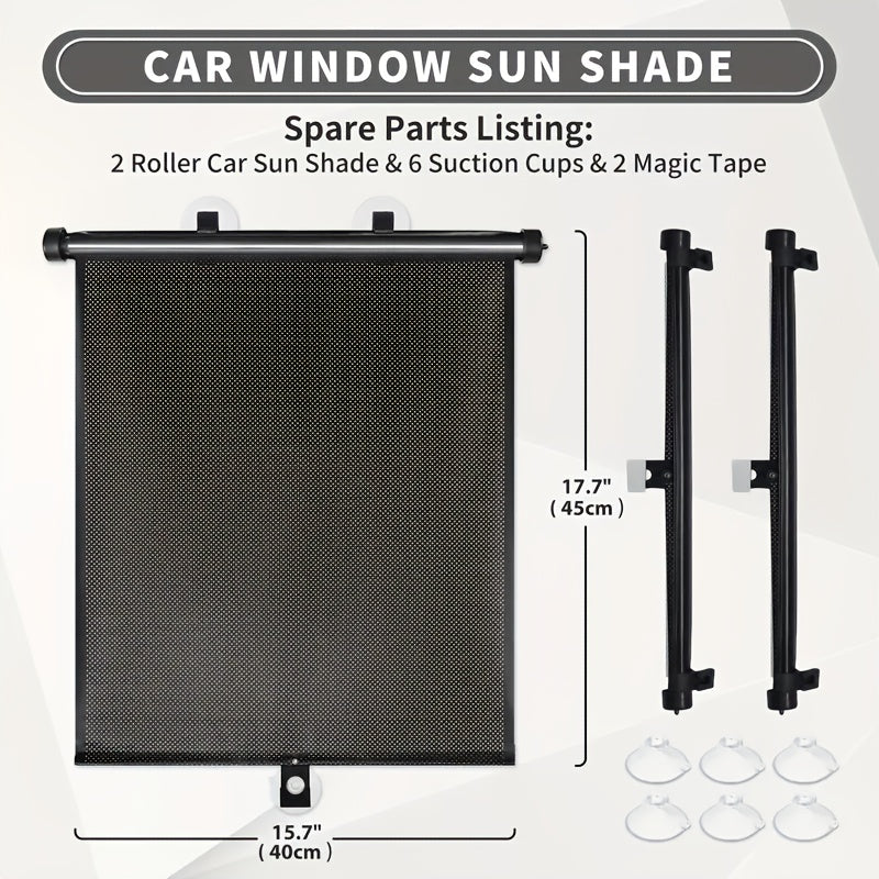 Set of 2 Car Window Curtains with One-Click Storage, Made of PVC in Black. These Retractable Side Curtains Are Easy to Install And Effectively Block UV Rays And Intense Sunlight. They Serve As Anti-Glare Heat Shields