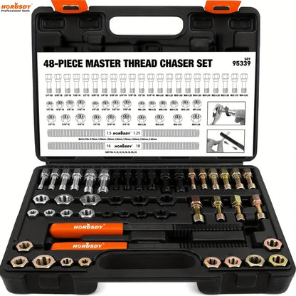 Thread Repair Kit 48-Piece – UNF UNC & Metric Tap and Die Rethreading Set, SAE & Metric Thread Chaser for Bolt & Nut Repair, Color-Coded with Storage Case