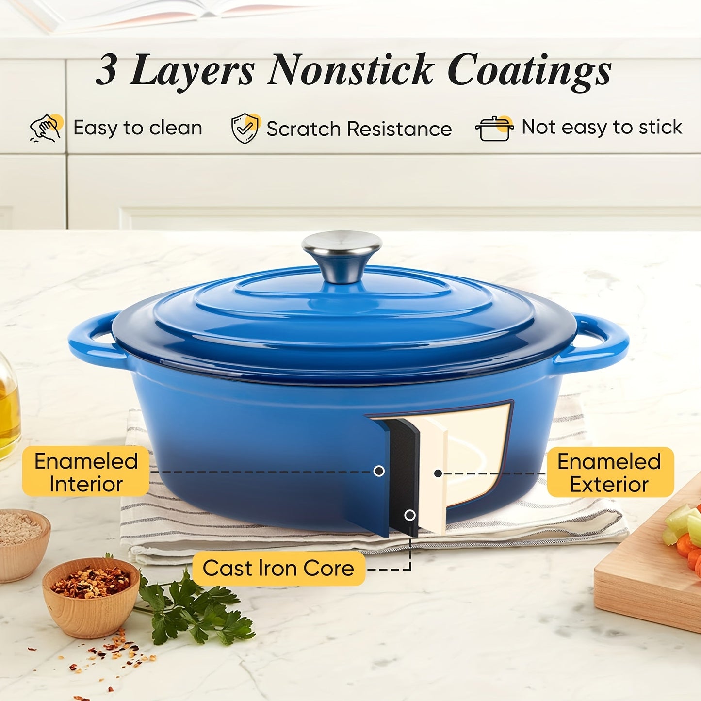 Enameled Cast Iron Dutch Oven with Lid & Dual Handles - Non-Stick Enamel Coating, Lightweight & Portable, Versatile for Bread Baking Daily Cooking Home & Outdoor Use, Available in 5 Colors