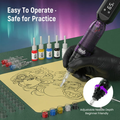 Rotary Tattoo Pen Machine Kit — 1200mAh Battery, LED Display, 4.0mm Stroke, Anti-Slip Grip, Adjustable 4-12V, Universal Cartridge Compatible, Cosmic Violet & Aurora Green for Beginners & Artists