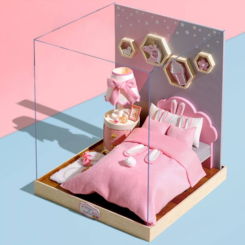 DIY Miniature Dollhouse Kit with Dust Cover Small – Mini House Model No Glue No Batteries, 4 Styles Tea Time Flavor Life Heartbeat Creativity World, Room Desk Decor Birthday Gift for Teens & Adults