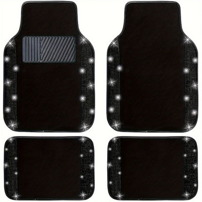 Bling Car Floor Mats Full Set – Rhinestone Sparkle Glitter Diamond Carpet, Universal Fit Cars SUV Trucks, 4pcs Anti-Slip Pad, Cute Car Accessories for Women & Girls