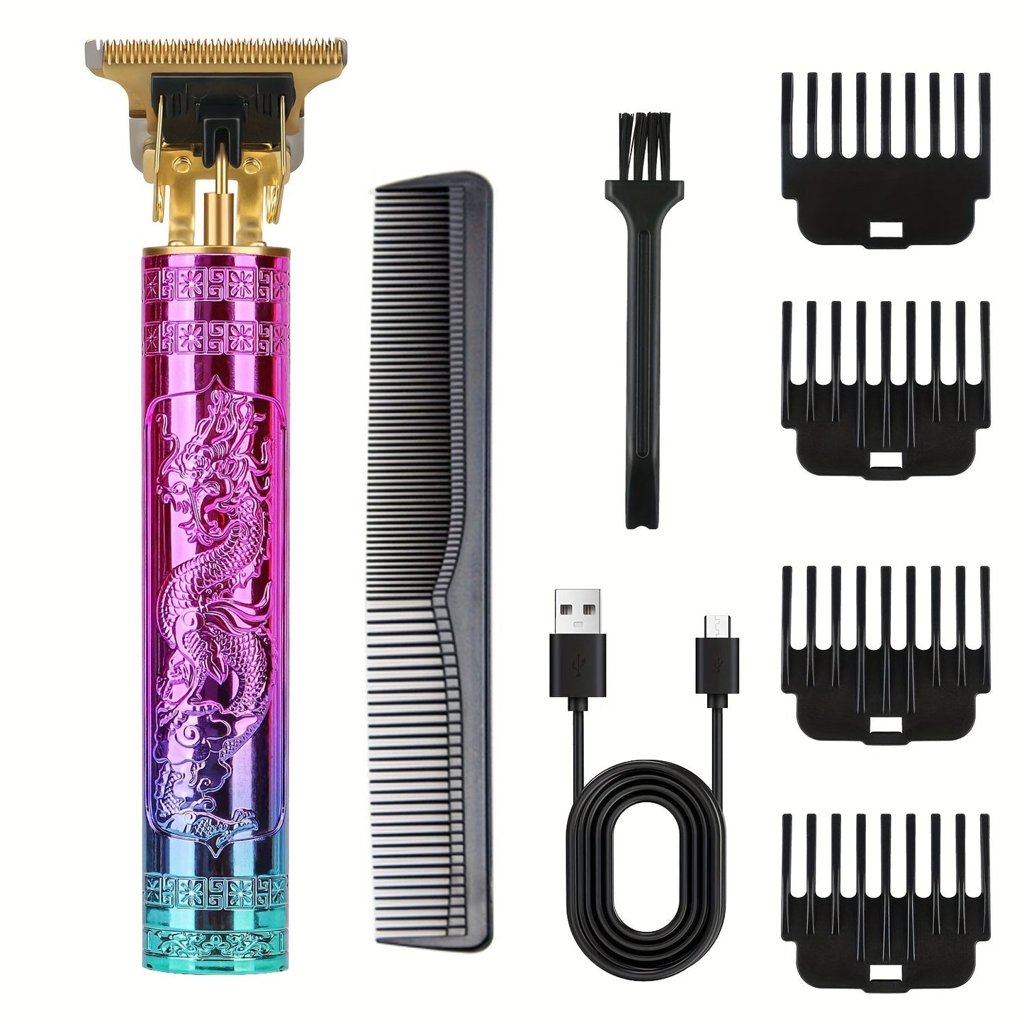 T-Blade Hair Trimmer for Men - Retro Electric Clipper, USB Rechargeable 1000mAh, 240-Min Runtime, 4 Guide Combs, Dragon & Buddha Designs, Black Bronze Blue Purple