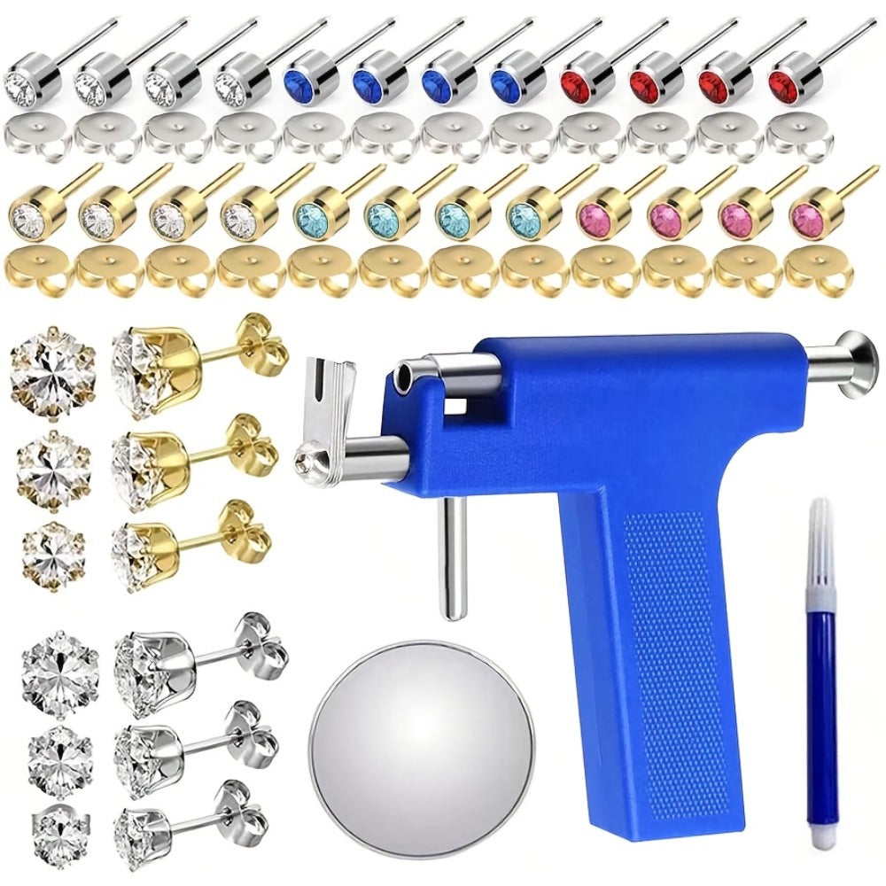 Ear Piercing Gun Kit 36pcs - 24 Stainless Steel Studs & 12 Crown-Shaped Earrings with Reusable Black Piercing Tool, Marking Pen & Stainless Steel Jewelry Set for Home Salon Use