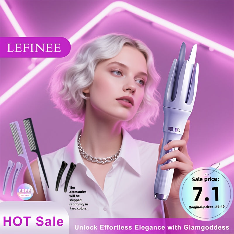 Automatic Curling Iron 32mm Essential Oil Coating – 4 Temperature Settings Anti-Scald Moisturizing Hair Curler with Hairpins & Comb for All Hair Types – Purple