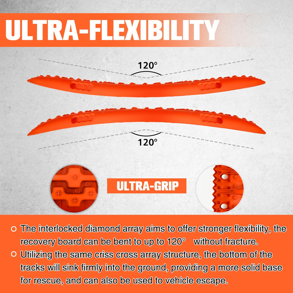 Off-Road Traction Boards, Recovery Boards for 4WD Mud, Sand, Snow, Rock Tracks.4X4 Pair Recovery Tracks Tire Traction Mats with 2 Straps for RV Truck Jeep SUV- Tire Traction Pads for RV Truck 4X4 Jeep SUV Emergency Tire Traction, Orange, Red