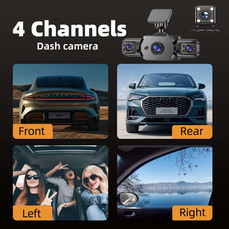 PODOFO Dual Camera Dash Cam 1080P, Suitable for Cars, 4-Channel Front/Rear/Left/Right, 3.16-inch IPS Screen, Night Vision, Loop Recording, 24-Hour Parking Monitoring with G-Sensor/Motion Detection, Optional 64GB Memory Card, Vehicle Security Camera