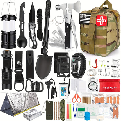 Survival Kit with Fire Starter & Compass – 14/152/258 Piece Outdoor Survival Gear Set for Camping, Hiking & Emergency | Perfect Gift for Men
