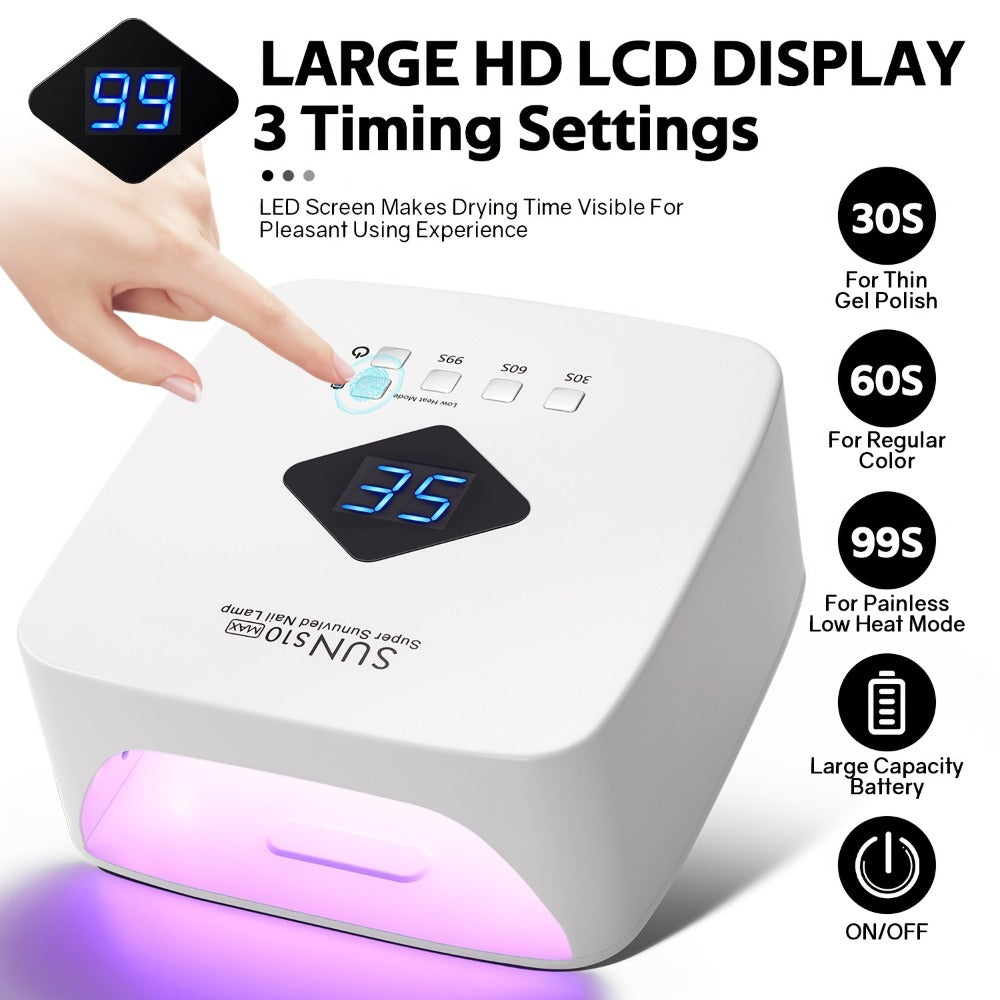 LED Nail Lamp Rechargeable HD Display Smart Nail Dryer Fast Cure All Gel Polish UV Light Cordless Portable Low Heat Mode Home Salon Professional Manicure Pedicure Tool White