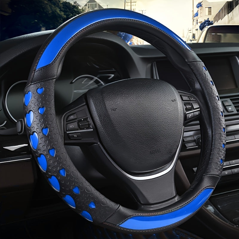 Stylish Faux Leather Steering Wheel Cover With Heart Pattern - Non-Slip, Wear-Resistant, Anti-Aging, All-Season Use, Sports Style Interior Accessory, Ideal Gift For Car Enthusiasts, Car Interior Accessory | Heart Pattern Design