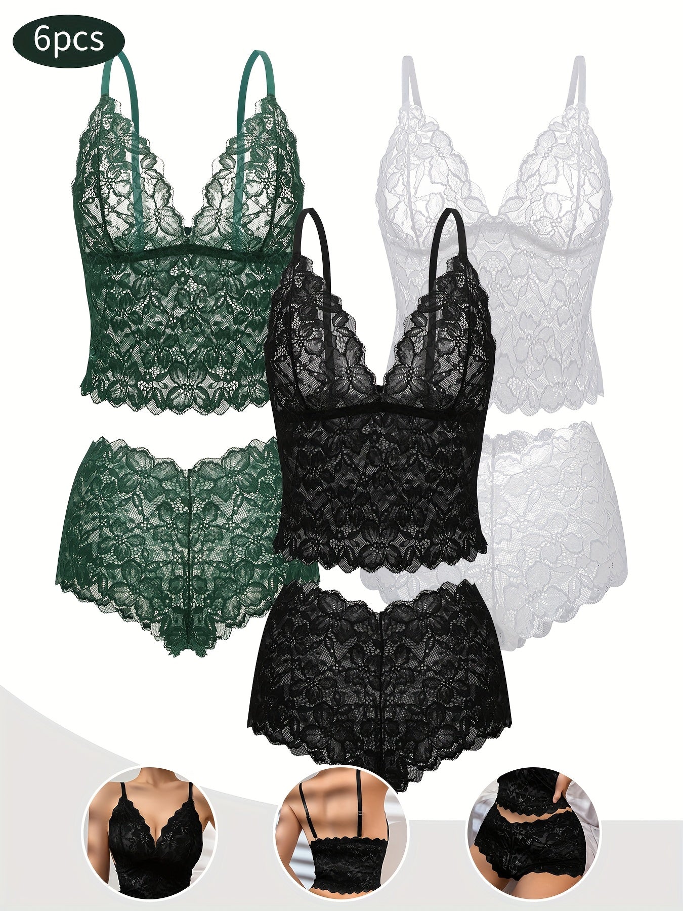 6-Pack Women's Bra and Panty Lingerie Set - Floral Lace Coordinated Style