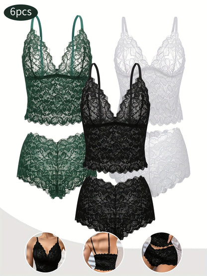6-Pack Women's Bra and Panty Lingerie Set - Floral Lace Coordinated Style