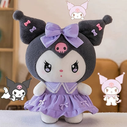 Kuromi My Melody Plush Doll Princess Dress – Soft Collectible Sanrio Stuffed Animal with Pink Bow & Ruffled Collar, Kawaii Room Decor Birthday Christmas Gift for Girls
