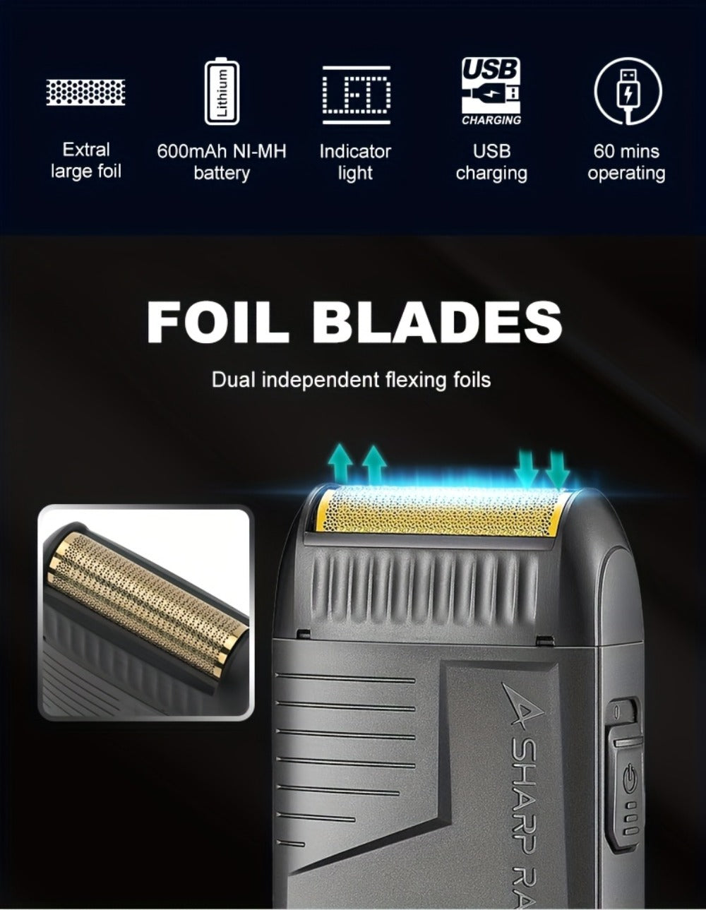 Electric Foil Shaver for Men USB Rechargeable Cordless – VGR Professional Beard Sideburn Trimmer Close Shave Travel-Ready Minimalist Black Design, Great Gift for Him Models V-363 V-375