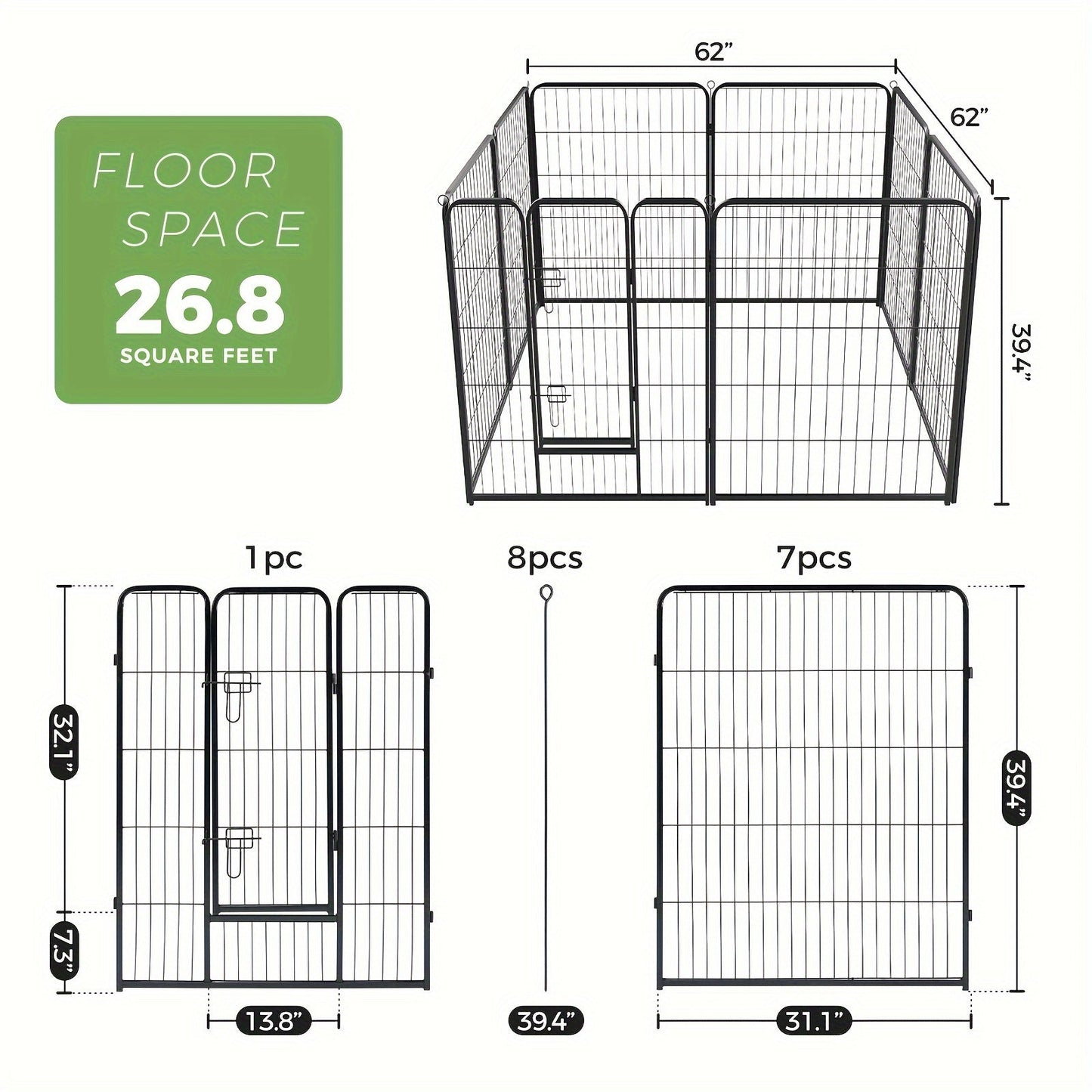 Metal Dog Playpen with Door DIY 8 or 16 Panel Foldable Pet Pen for Small Medium Large Dogs Puppies Easy Assemble Indoor Outdoor Use 24 32 40 Inch Height