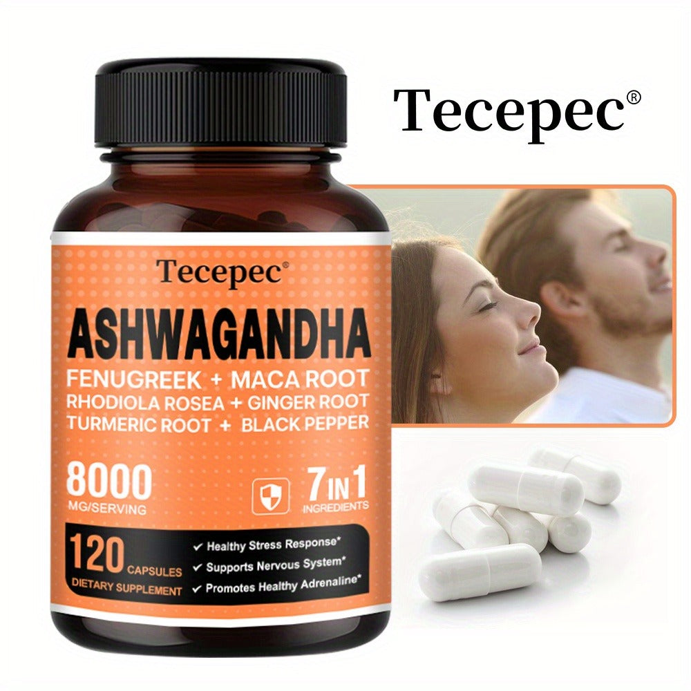 Ashwagandha Capsules 7-in-1 Adaptogen Blend 120ct with Maca Root Rhodiola Rosea Ginseng — Natural Stress Relief Cortisol Support Energy Focus Nerve Health Supplement for Men Women 1 & 2 Bottle