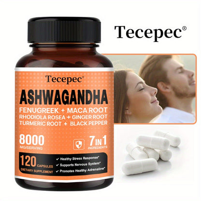 Ashwagandha Capsules 7-in-1 Adaptogen Blend 120ct with Maca Root Rhodiola Rosea Ginseng — Natural Stress Relief Cortisol Support Energy Focus Nerve Health Supplement for Men Women 1 & 2 Bottle