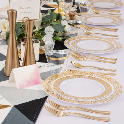 Gold Disposable Dinnerware Set for 50 Guests 350pcs – Includes Dinner Plates, Dessert Plates, 9oz Cups with Gold Rim, Pre-Rolled Napkins & Gold Cutlery | Perfect for Wedding, Party & Holiday Celebration