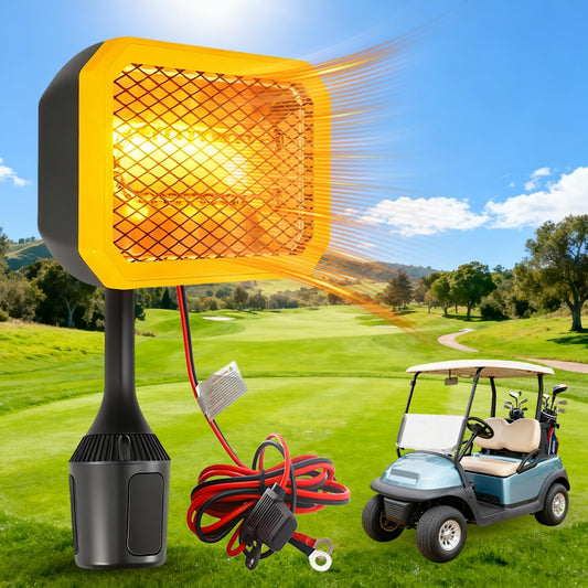 400W Electric Golf Cart Heater Carbon Fiber Fast Heating 360° Adjustable Angle Battery Powered Portable Heater with Cup Holder Adapter Compatible with 48V Golf Cart Systems Golf Cart Accessories