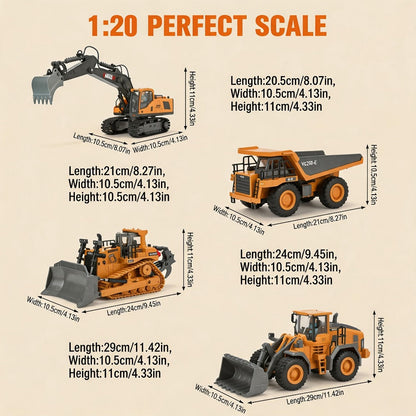 RC Excavator 1:20 Scale 2.4G 11CH – Alloy Remote Control Construction Toy with 680° Rotation & Working Arm | RC Dump Truck Bulldozer Loader, Indoor Outdoor Gift for Boys Ages 6+