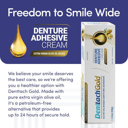 Denture Adhesive Cream – Olive Oil-Based All-Day Secure Hold for Full & Partial Dentures, Zinc-Free Petroleum-Free Non-Glue Cushion Soft Reliner, Tightens Loose Dentures, 2.4oz Natural Formula