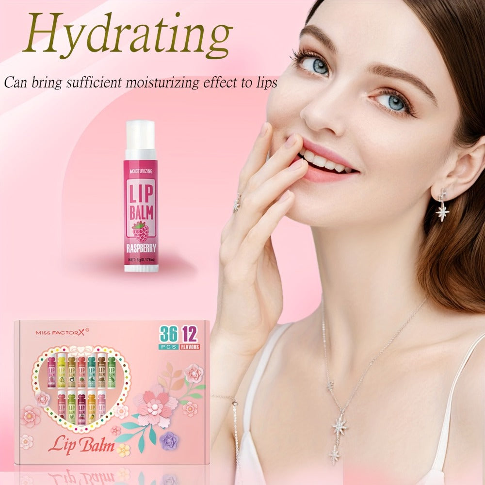 Lip Balm Set 36 Pcs Moisturizing Tinted Lip Butter with Jojoba Oil — 12 Flavors Natural Hydrating Lip Care for Dry Chapped Lips Women Adults Gift Box